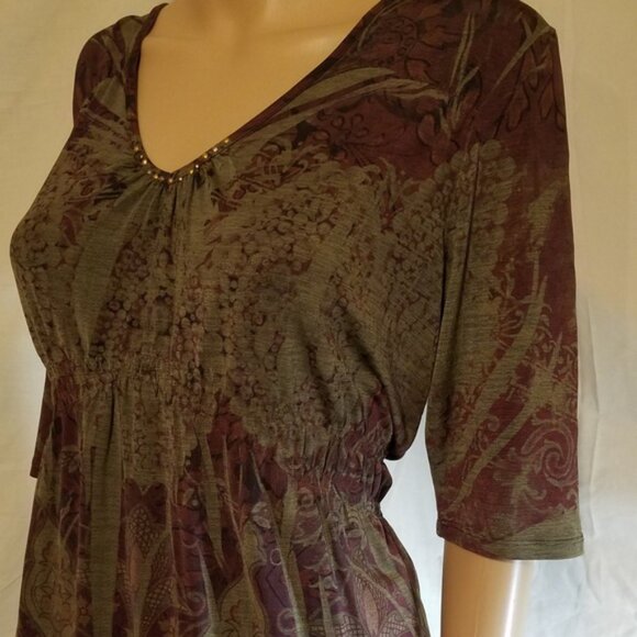 WOMEN OLIVE/BURGUNDY SUPER SOFT FIGURE FLATTERING 3/4 SLEEVES ONE WORLD TOP SZ M - Picture 1 of 6